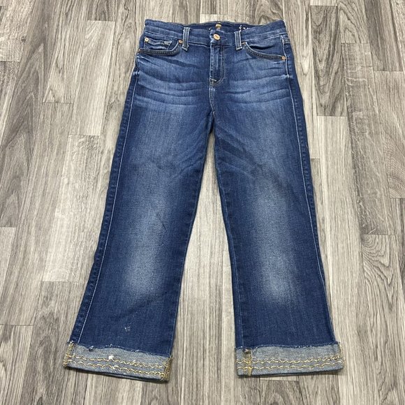 FOR ALL 7 MANKIND Boot Cut Stretch Blue Denim Cropped Jeans Women's Size 26 - Picture 2 of 12